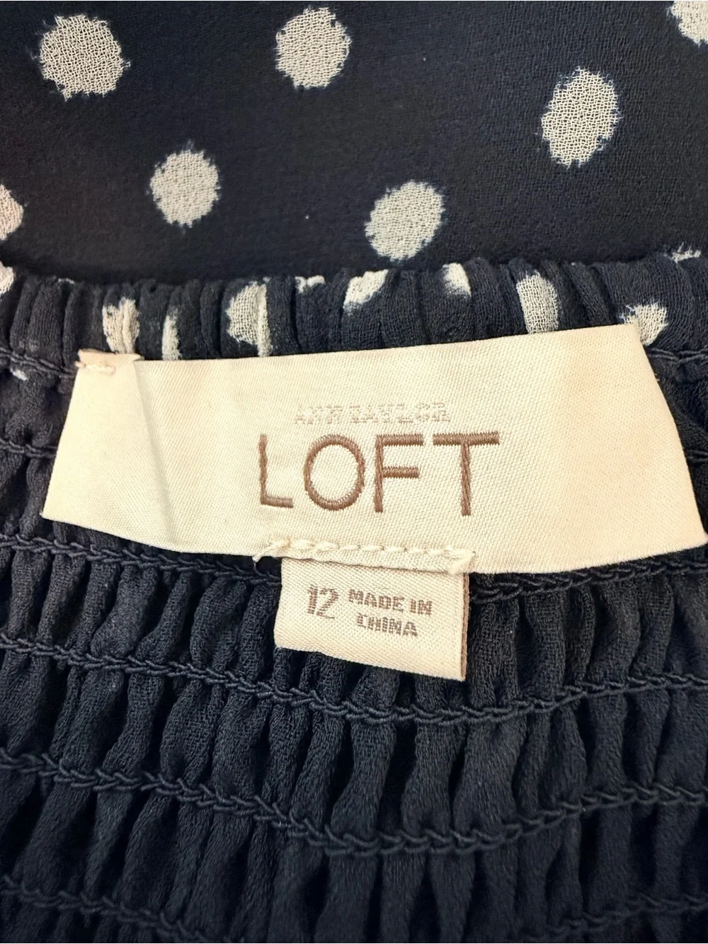 LOFT Navy Blue and White Polka Dot Smocked Skirt